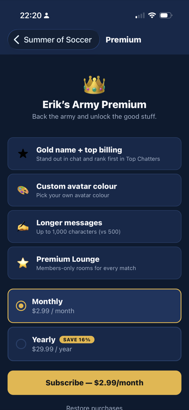 Erik's Army Premium screen showing subscription plans