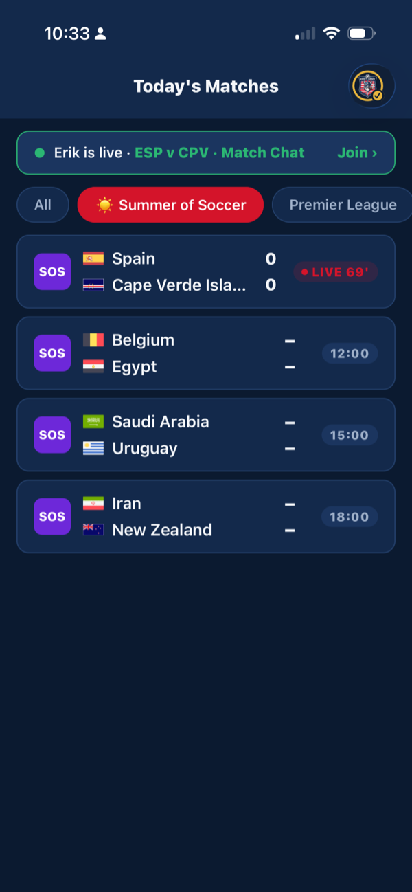 Today's Matches with live scores, league tabs, and a live banner